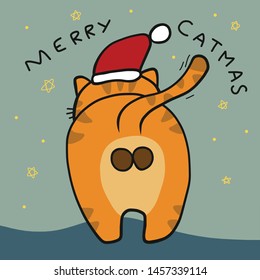 Merry Catmas cat ass wear Santa Claus hat cartoon vector illustration