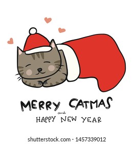 Merry Catmas cat sleeping in Santa sock cartoon vector illustration