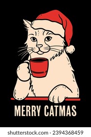 Merry catmas Christmas card. Cat holding coffee cup illustration. Kitten wearing Santa hat. Cute holiday aesthetic drawing for cat mom and coffee lovers. Minimalist flat design vector print products.