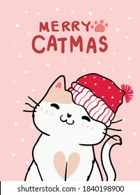 Merry catmas, Christmas greeting card, Cute smile cat with santa red hat, snow falling in pink background, outline doodle hand draw flat vector.