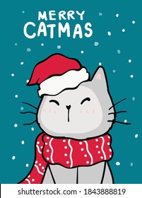 Merry catmas, Christmas greeting card, Cute naughty cat with santa red hat, snow falling in deep blue background, outline doodle hand draw flat vector.