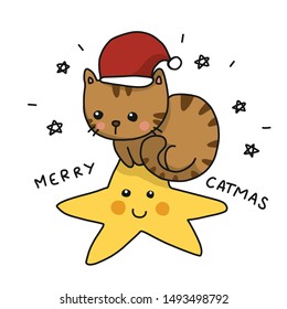 Merry Catmas cute cat wear Santa hat siting on star cartoon vector illustration doodle style