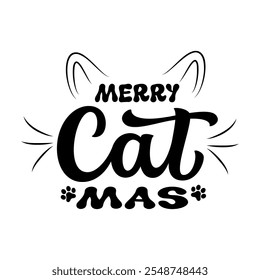 Feliz Natal. Citação de letras de mão com impressões de pata isoladas no fundo branco. Tipografia vetorial para amante de gatos Camisetas de Natal, decoração de casa, cartazes, cartões, web, mídias sociais