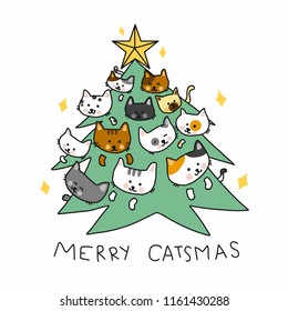 Merry Catmas tree cartoon vector doodle style illustration