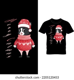 Merry Catmas – T-shirt Design. Black Cat wishes Merry Christmas in an Ugly Sweater and Christmas Hat.