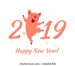 A merry character of a piglet is a symbol of the new year 2019. a festive greeting card or a congratulation on a new year - the year of a pig! Vector illustration.