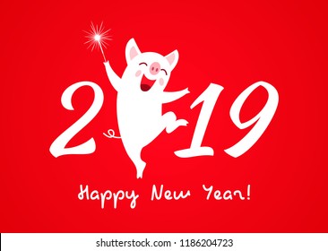 A merry character of a piglet is a symbol of the new year 2019. a festive greeting card or a congratulation on a new year - the year of a pig! Vector illustration.