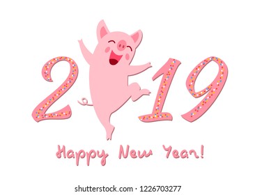 A merry character of a piglet is a symbol of the new year 2019. a festive greeting card or a congratulation on a new year - the year of a pig! Vector illustration.