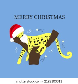 Merry Christmas Relaxing cheetah with Christmas Hat White Beard Santa. Merry Christmas New Year Card. Vector illustration.