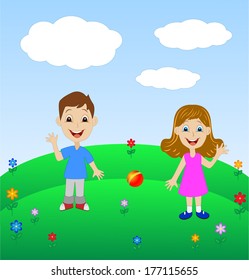 merry child play the green lawn, vector illustration