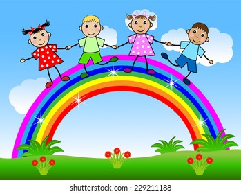 merry children dance on a rainbow, vector illustration
