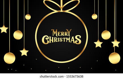 Merry chirstmas background with golden hanging bells and stars