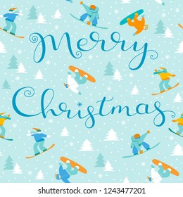 Merry Chirstmas Greeting card. Hand lettering greetings. Seamless Xmas winter sport people pattern.