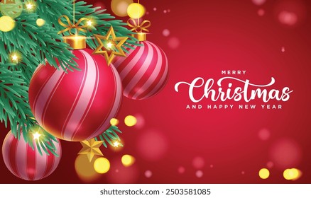 Merry chirstmas greeting card vector design. Christmas pattern balls and spruce leaves hanging with happy new year greeting text in red elegant bokeh background. Vector illustration holiday season 