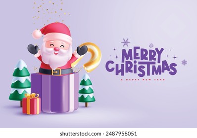 Merry chirstmas greeting vector design. Santa claus smiling, happy and waving character in gift box elements for christmas greeting card in purple background. Vector illustration holiday season card 