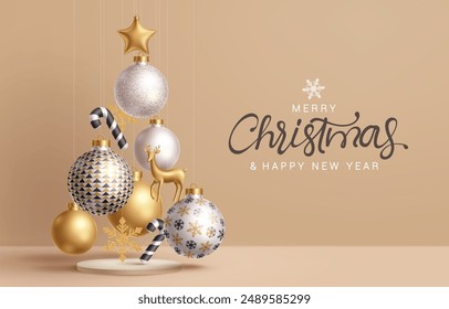 Merry chirstmas greeting vector design. Christmas glitter balls, gold deer, star and candy cane hanging in podium stage for elegant holiday season background. Vector illustration greeting card design.