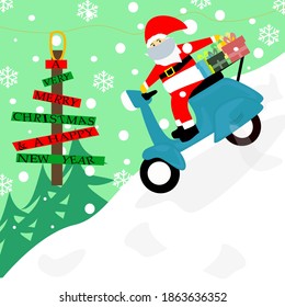 Merry Chirstmas and  Happy new year , Santa Claus with medical face mask riding motor bike  loaded with gifts, snowy  background, greeting card.	
