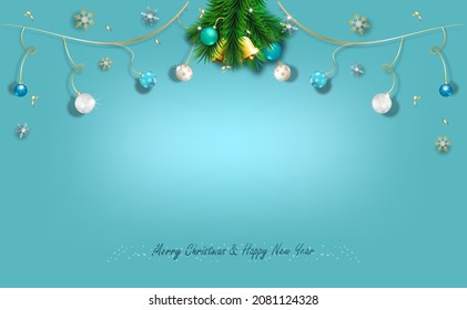 Merry Chirstmas and Happy new year with gold on blue background color place for text and christmas balls and bells of vector illustration.