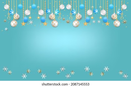 Merry Chirstmas and Happy new year with gold on Sky blue background christmas balls color place for text and of vector illustration.