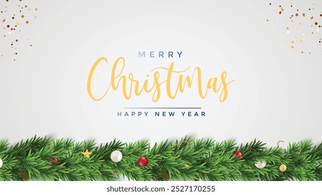 Merry chirstmas and happy new year design in white background with pine leaves. Realistic 3d design. Bright Christmas and New Year background with gold confetti. Vector illustration