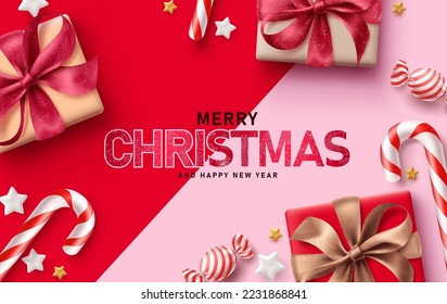 Merry chirstmas text vector background design. Christmas and happy new year in empty space for typography with gifts and candy cane elements. Vector Illustration.