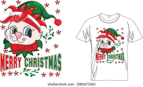 MERRY CHIRSTMAS T-SHIRT . Kitten Cats Gift Xmas Men’s T-shirt Top Tee, Cat T-shirt.Vector illustration.T-shirt graphics Can be used for print, children wear, Baby shower celebration and poster.
