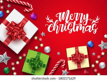 Merry chirstmas vector background template design. Merry chirstmas text in red empty space for greeting messages with gift, balls, candy cane and lights element for xmas season decoration. 