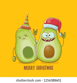 Merry chirstmas vector funky greeting card with with santa claus avocado character and his elf friend on orange background. Vector funny christmas party poster design template