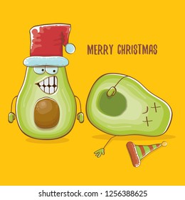 Merry chirstmas vector funky greeting card with with santa claus avocado character and his elf friend on orange background. Vector funny christmas party poster design template