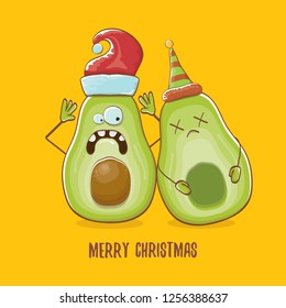 Merry chirstmas vector funky greeting card with with santa claus avocado character and his elf friend on orange background. Vector funny christmas party poster design template