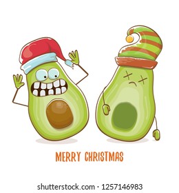 Merry chirstmas vector funky greeting card with with santa claus avocado character and his elf friend isolated on white background. Vector funny christmas party poster design template - Vector