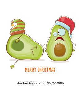 Merry chirstmas vector funky greeting card with with santa claus avocado character and his elf friend isolated on white background. Vector funny christmas party poster design template - Vector