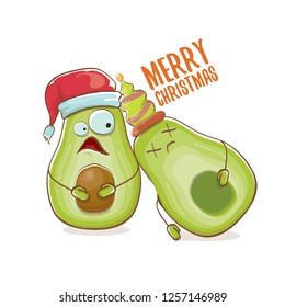 Merry chirstmas vector funky greeting card with with santa claus avocado character and his elf friend isolated on white background. Vector funny christmas party poster design template - Vector