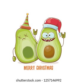 Merry chirstmas vector funky greeting card with with santa claus avocado character and his elf friend isolated on white background. Vector funny christmas party poster design template - Vector