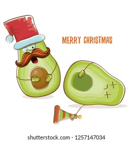 Merry chirstmas vector funky greeting card with with santa claus avocado character and his elf friend isolated on white background. Vector funny christmas party poster design template - Vector
