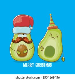 Merry chirstmas vector funky greeting card with with santa claus avocado character and his elf friend isolated on blue background. Vector funny christmas party poster design template 