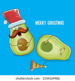 Merry chirstmas vector funky greeting card with with santa claus avocado character and his elf friend isolated on blue background. Vector funny christmas party poster design template 