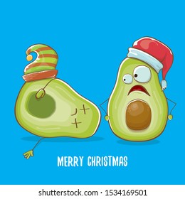 Merry chirstmas vector funky greeting card with with santa claus avocado character and his elf friend isolated on blue background. Vector funny christmas party poster design template 