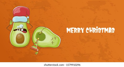 Merry chirstmas vector funky greeting horizontal banner or card with santa claus avocado character and his elf friend on orange background. Vector funny christmas party poster design template