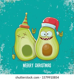 Merry chirstmas vector funky greeting card with santa claus avocado character and his elf friend on turquoise background. Vector funny christmas party poster design template