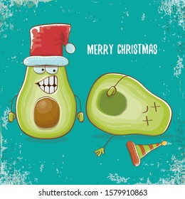Merry chirstmas vector funky greeting card with santa claus avocado character and his elf friend on turquoise background. Vector funny christmas party poster design template