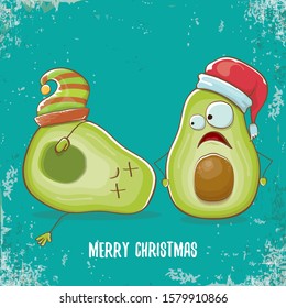 Merry chirstmas vector funky greeting card with santa claus avocado character and his elf friend on turquoise background. Vector funny christmas party poster design template