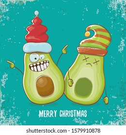 Merry chirstmas vector funky greeting card with santa claus avocado character and his elf friend on turquoise background. Vector funny christmas party poster design template