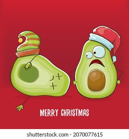 Merry chirstmas vector funky greeting card with santa claus avocado character and his elf friend on red background. Vector funny christmas party poster design template