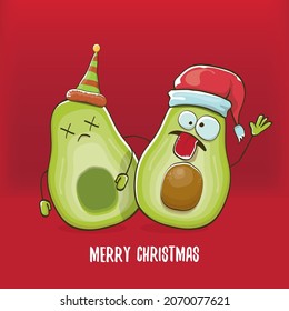 Merry chirstmas vector funky greeting card with santa claus avocado character and his elf friend on red background. Vector funny christmas party poster design template