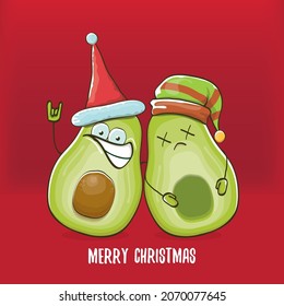 Merry chirstmas vector funky greeting card with santa claus avocado character and his elf friend on red background. Vector funny christmas party poster design template