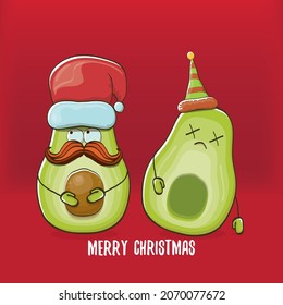 Merry chirstmas vector funky greeting card with santa claus avocado character and his elf friend on red background. Vector funny christmas party poster design template