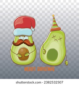 Merry chirstmas vector funky greeting card with with santa claus avocado character and his elf friend on transparent background. Vector funny christmas party poster design template