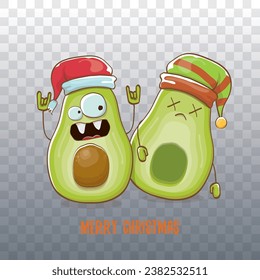 Merry chirstmas vector funky greeting card with with santa claus avocado character and his elf friend on transparent background. Vector funny christmas party poster design template
