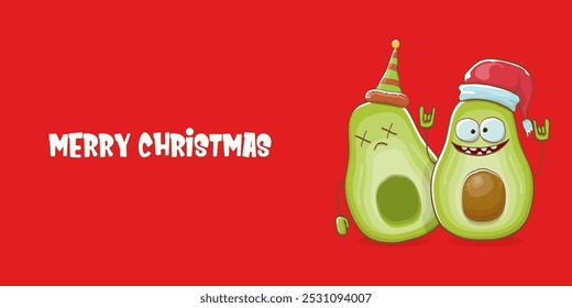 Merry chirstmas vector funky greeting horizontal banner or card with santa claus avocado character and his elf friend on red background. Vector funny christmas party poster design template